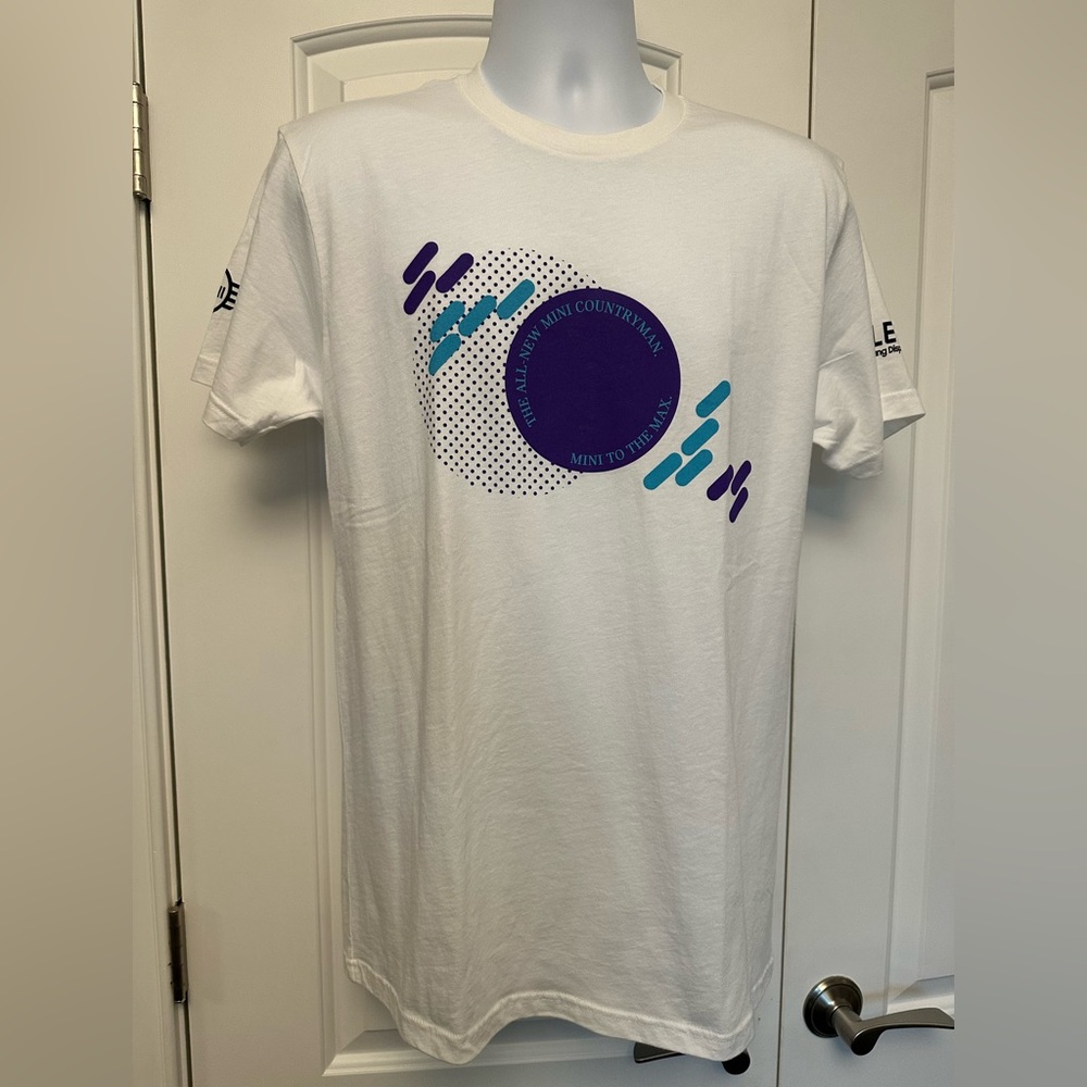 NEW Mini Countryman Launch White Tee with Purple & Teal Print